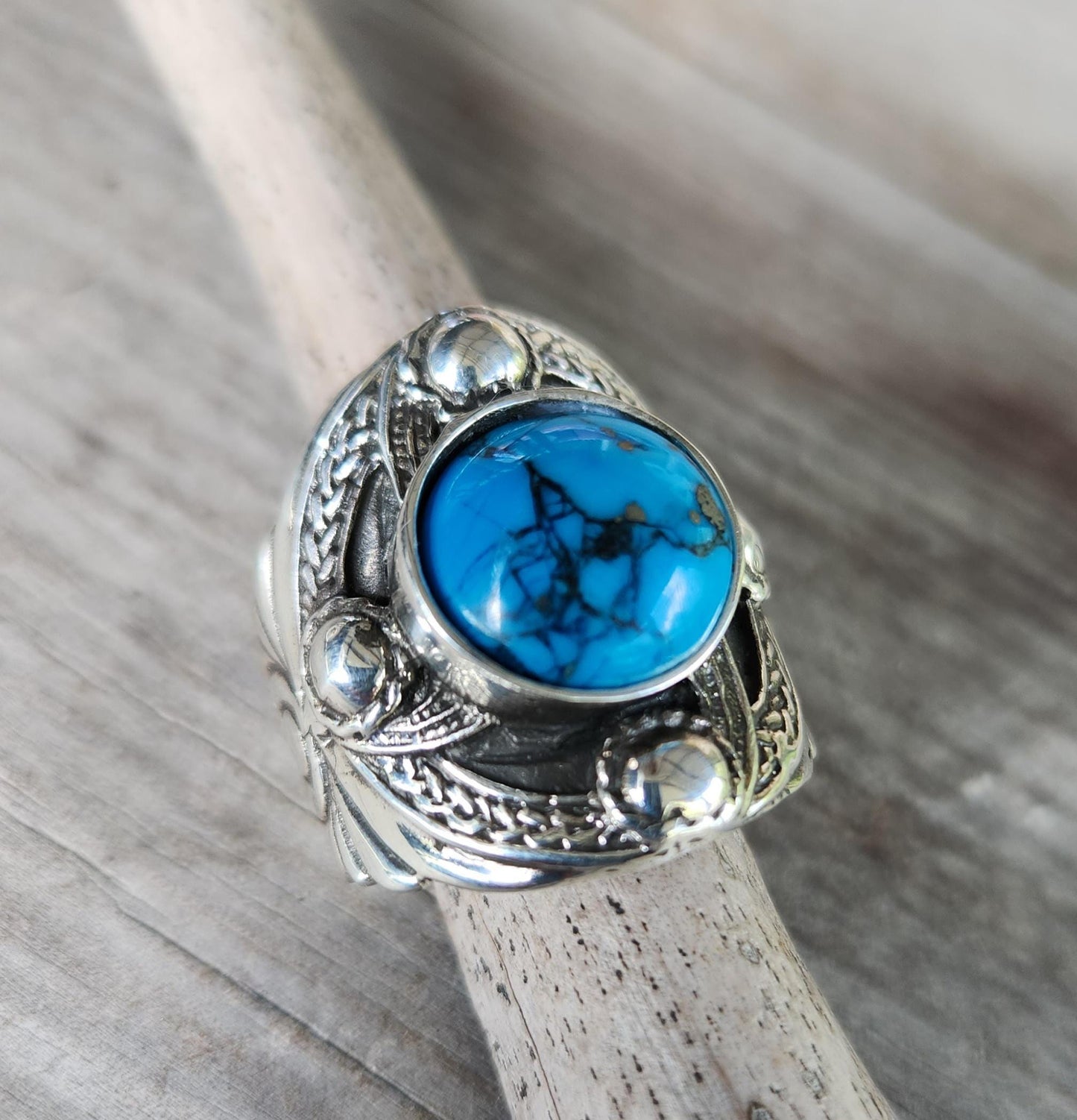 Moshave Turquoise ring,sterling silver,large chunky celtic ring,green Turquoise medieval,tribal,large stone ring,shield,large mens ring,