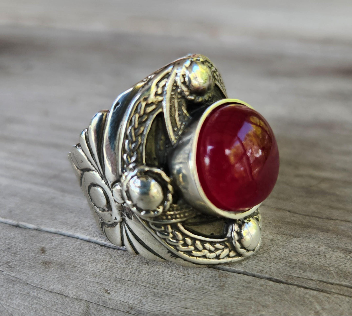 Large celtic ring,sterling silver,Blue quartz or ruby jade quartz,chunky ring,medieval,tribal,large stone ring,shield,large mens gemstone