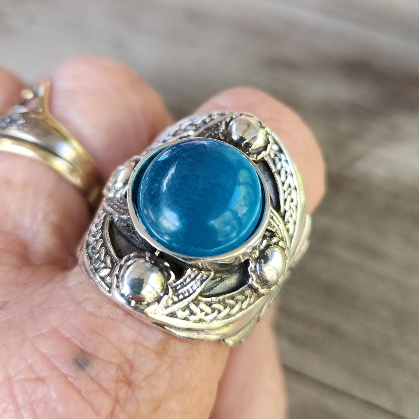 Large celtic ring,sterling silver,Blue quartz or ruby jade quartz,chunky ring,medieval,tribal,large stone ring,shield,large mens gemstone