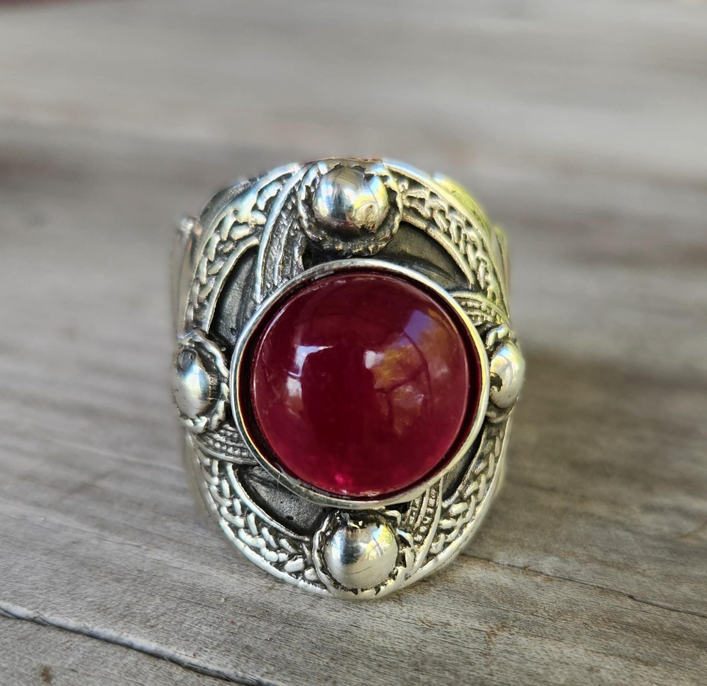 Large celtic ring,sterling silver,Blue quartz or ruby jade quartz,chunky ring,medieval,tribal,large stone ring,shield,large mens gemstone