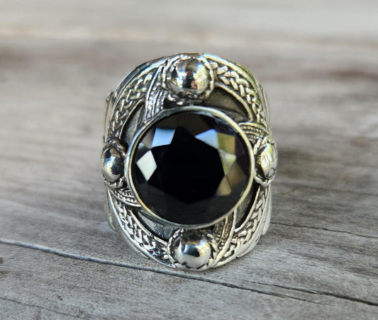 Large celtic ring,black cz sterling silver,cubic zirconia,celtic ring,medieval,tribal,vintage,silver ring,shield,steampunk,celtic shield,