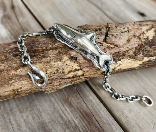 Shark bracelet,sterling silver ,great white,handmade,fisherman,animal jewelry,