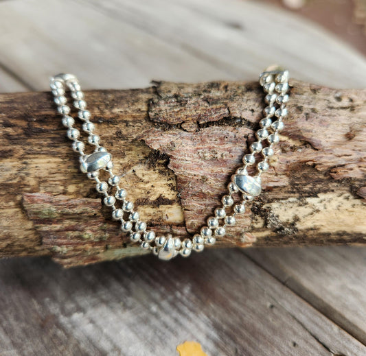 silver ball bracelet,sterling silver,double ball chain,handmade,fine link bracelet,boho,