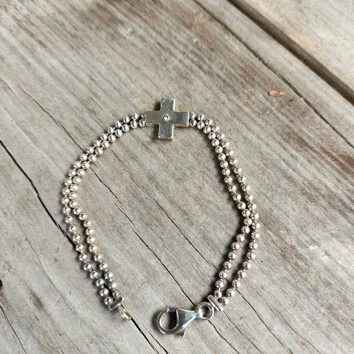 silver cross ball bracelet,sterling silver,cz,double ball chain,handmade,fine link bracelet,boho,