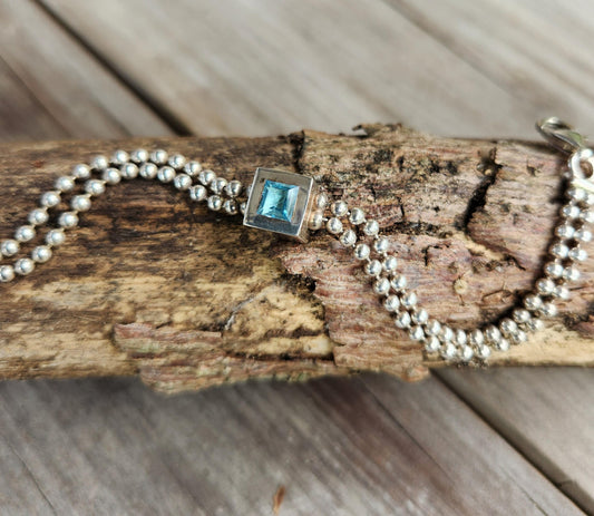 silver ball bracelet, cube centrepiece,sterling silver,blue topaz cz,double ball chain,handmade,fine link bracelet,boho,