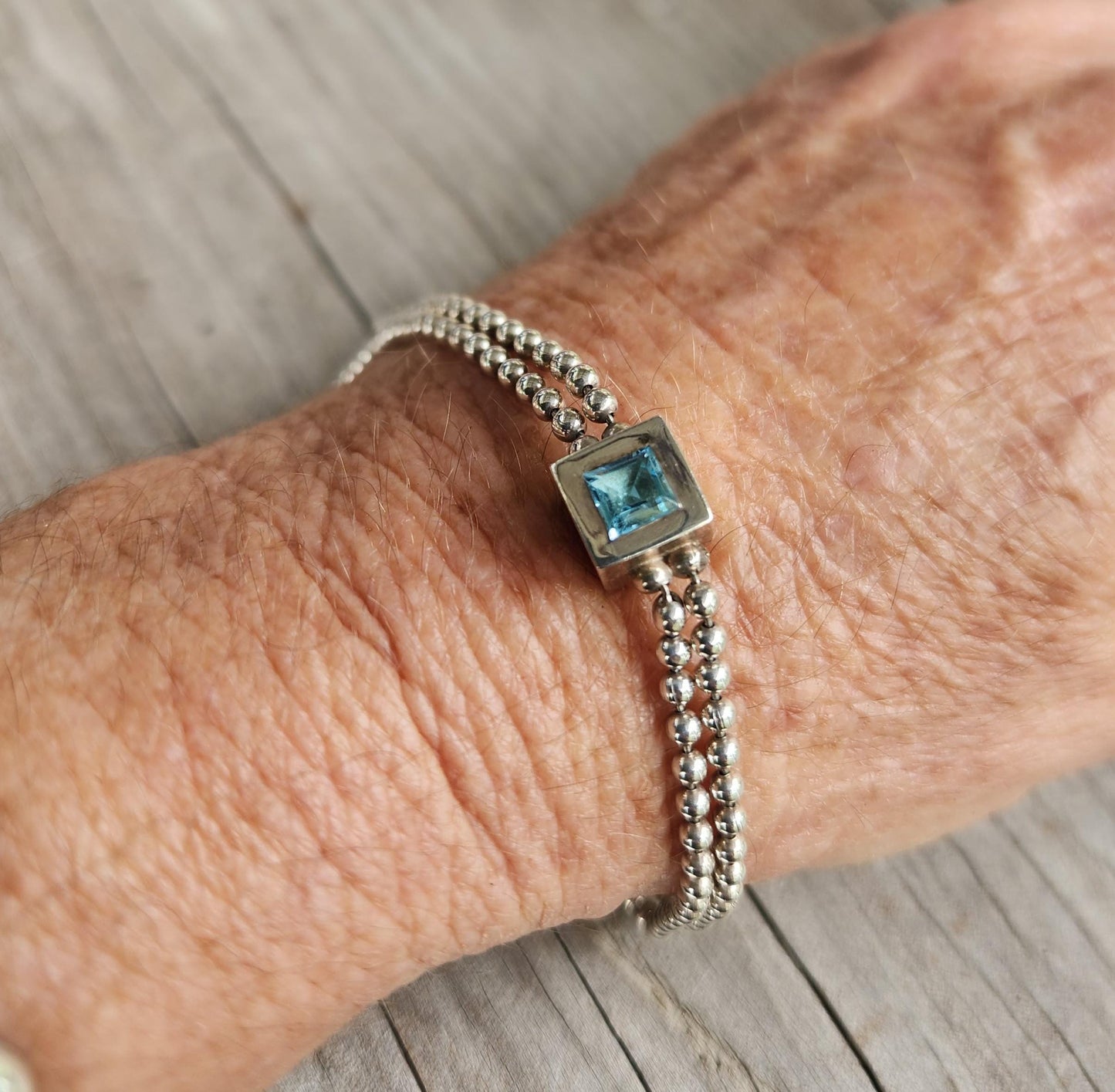 silver ball bracelet, cube centrepiece,sterling silver,blue topaz cz,double ball chain,handmade,fine link bracelet,boho,