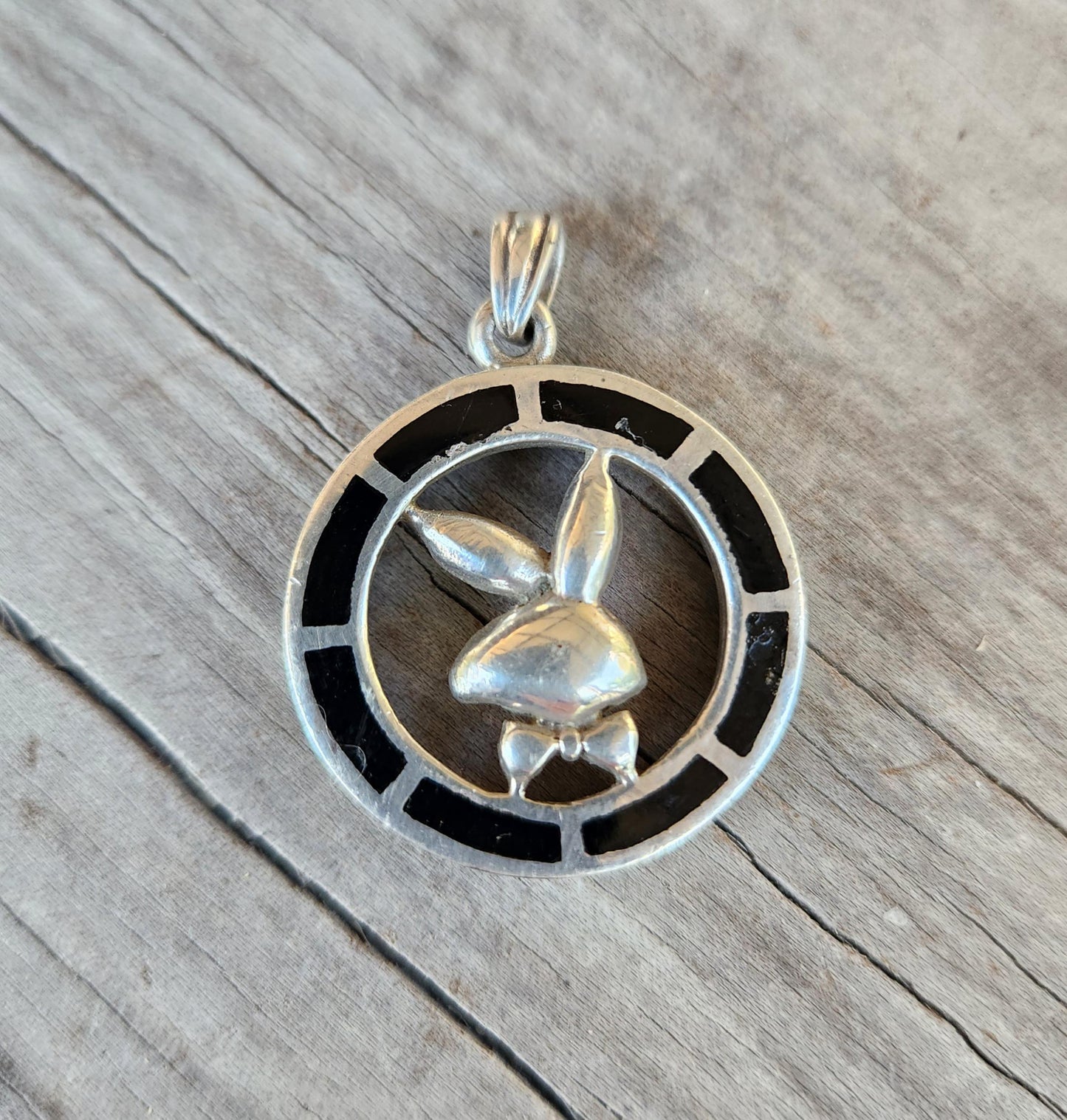 Playboy pendant,sterling silver, vintage, black enamel,