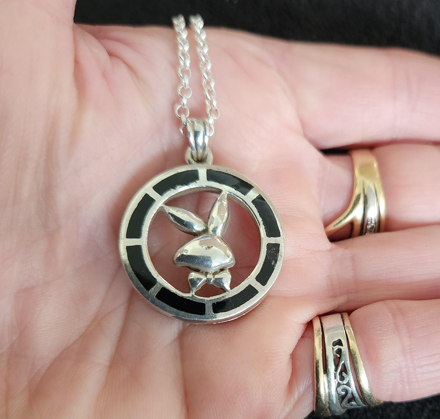 Playboy pendant,sterling silver, vintage, black enamel,