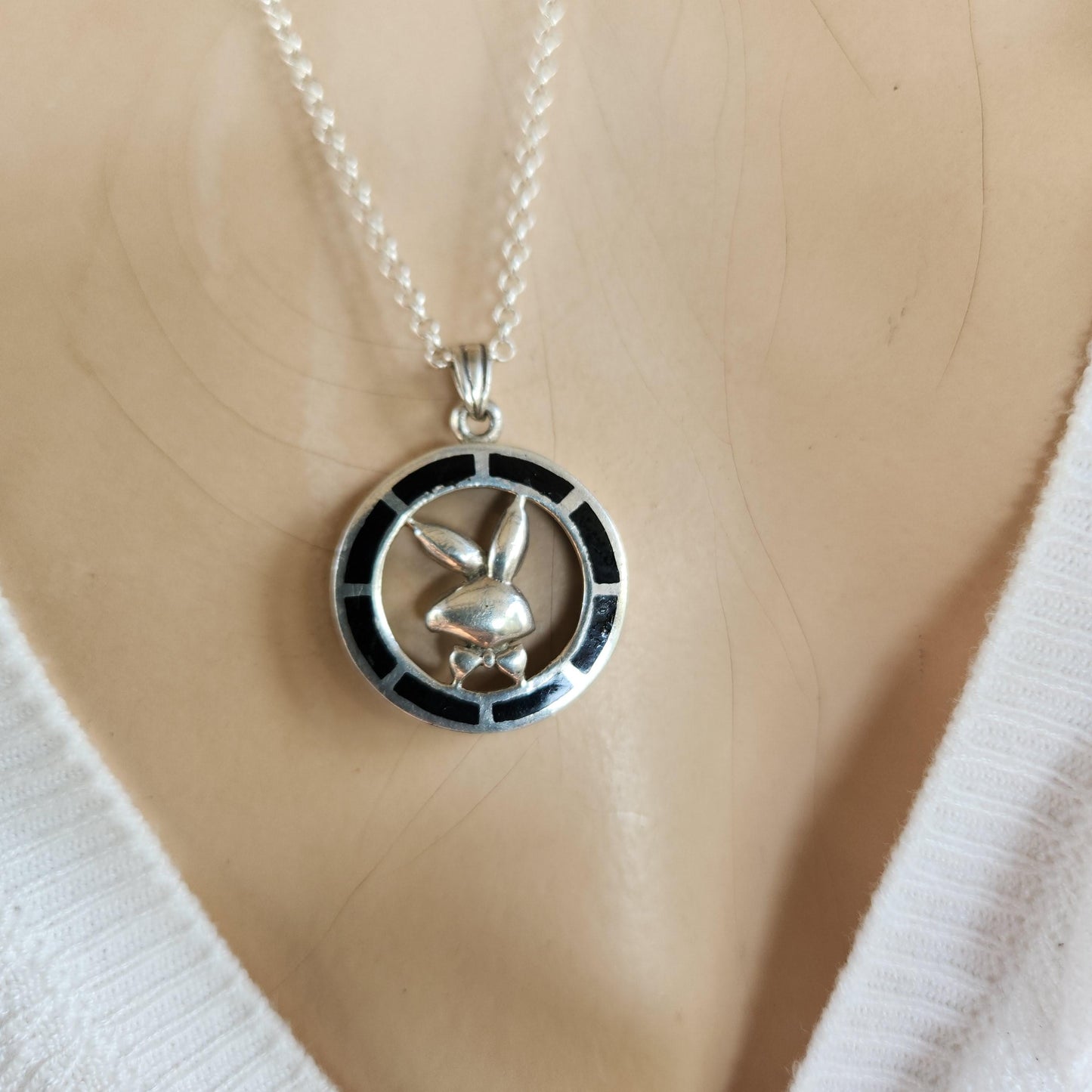 Playboy pendant,sterling silver, vintage, black enamel,