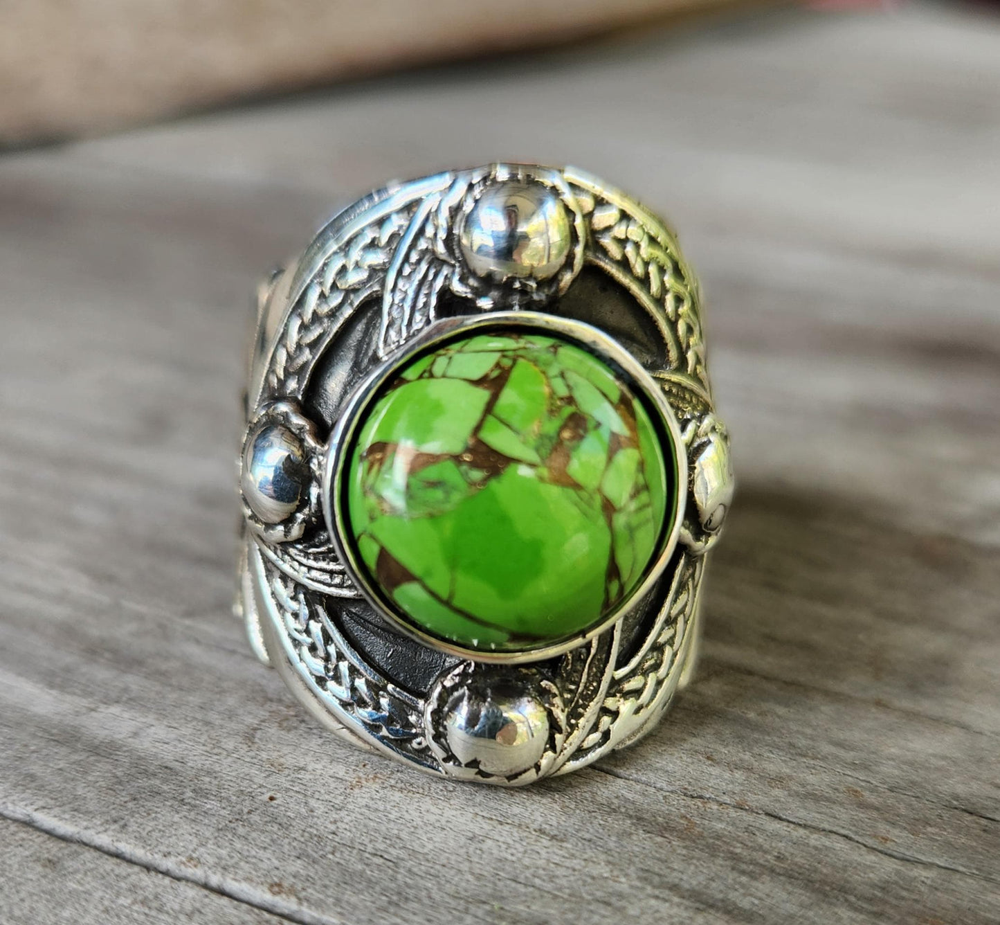 Moshave Turquoise ring,sterling silver,large chunky celtic ring,green Turquoise medieval,tribal,large stone ring,shield,large mens ring,