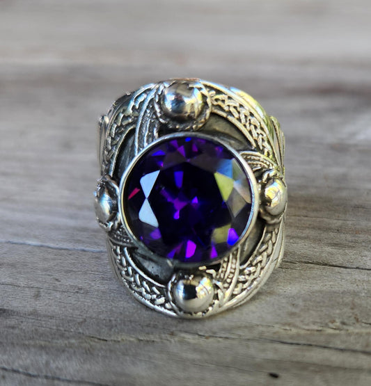 Large celtic ring,purple cz sterling silver,cubic zirconia,celtic ring,medieval,tribal,vintage,silver ring,shield,steampunk,celtic shield,