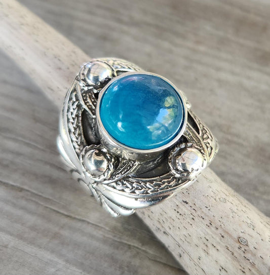 Big celtic gemstone ring,925 sterling silver,blue chalcedony,mans chunky ring,medieval,tribal,large stone ring,shield,large mens ring