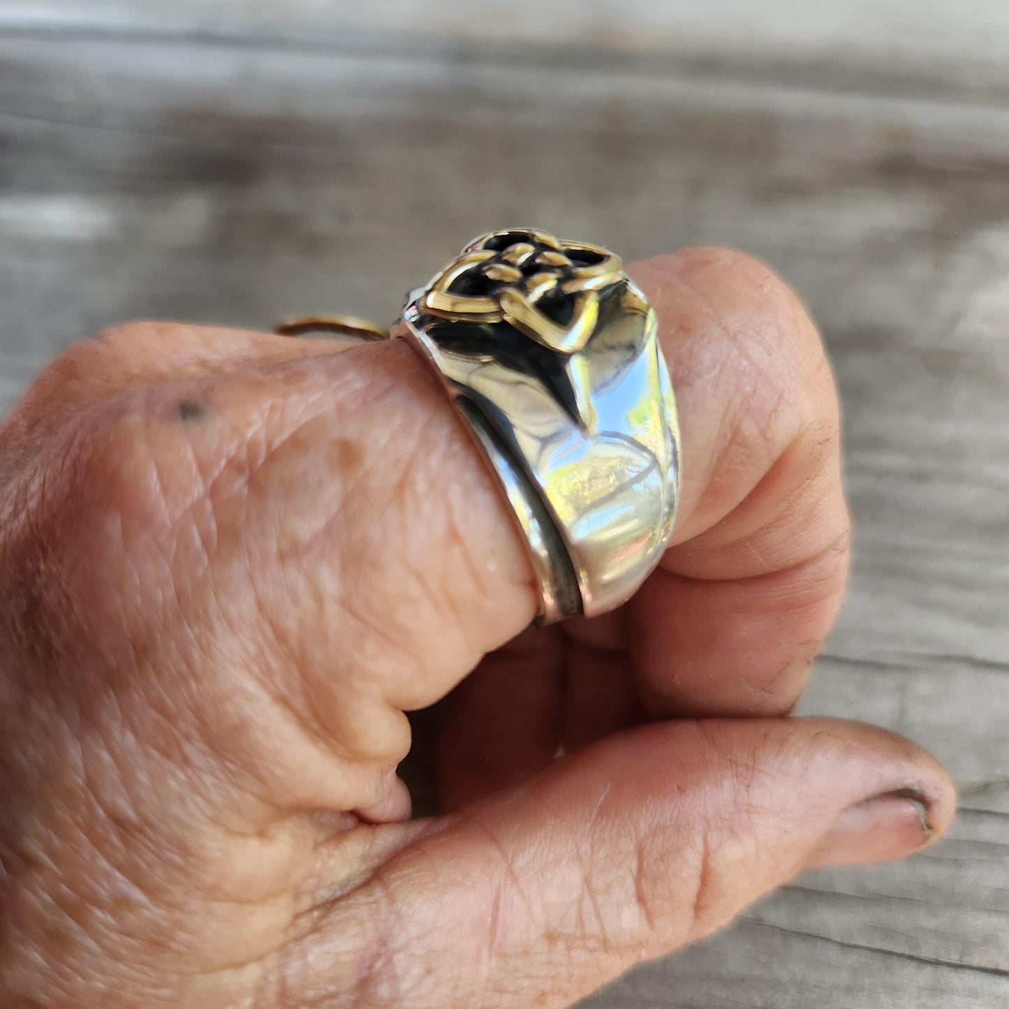 Gold celtic ring,two tone,9k and sterling silver, ornate solid mans ring modern,mixed metal, two tone dress ring,celtic tribal wedding band
