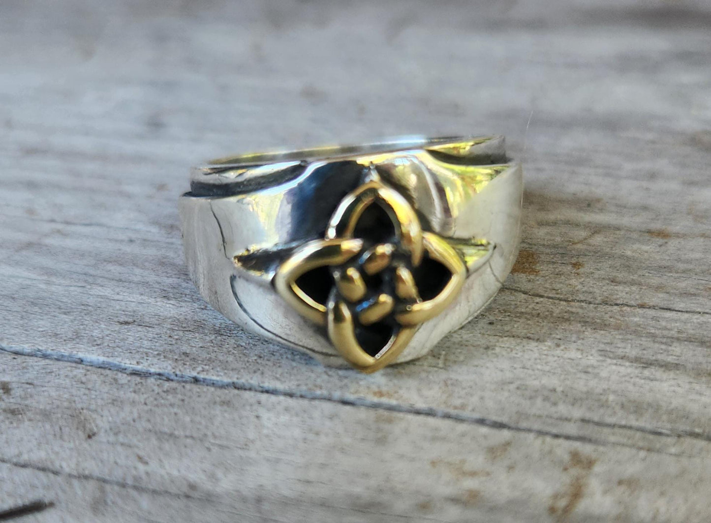 Gold celtic ring,two tone,9k and sterling silver, ornate solid mans ring modern,mixed metal, two tone dress ring,celtic tribal wedding band