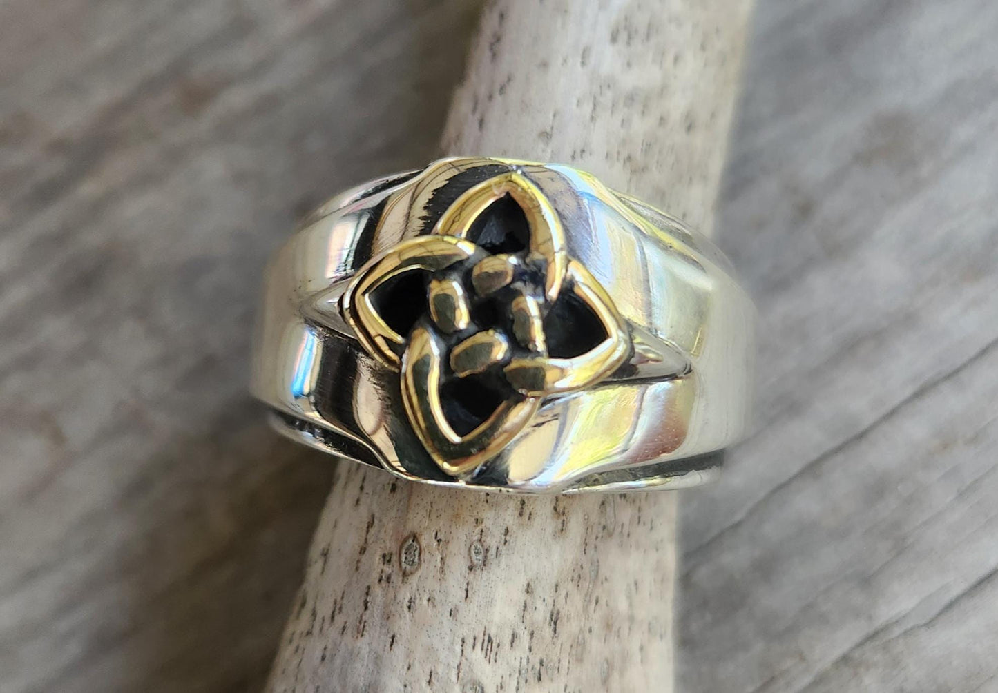Gold celtic ring,two tone,9k and sterling silver, ornate solid mans ring modern,mixed metal, two tone dress ring,celtic tribal wedding band