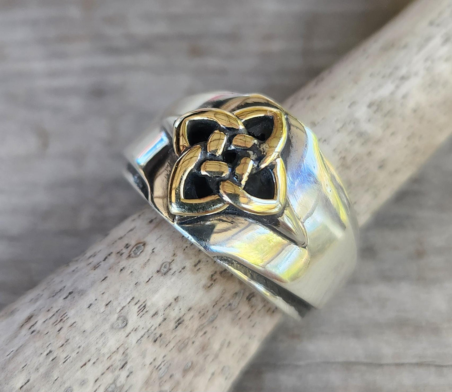 Gold celtic ring,two tone,9k and sterling silver, ornate solid mans ring modern,mixed metal, two tone dress ring,celtic tribal wedding band