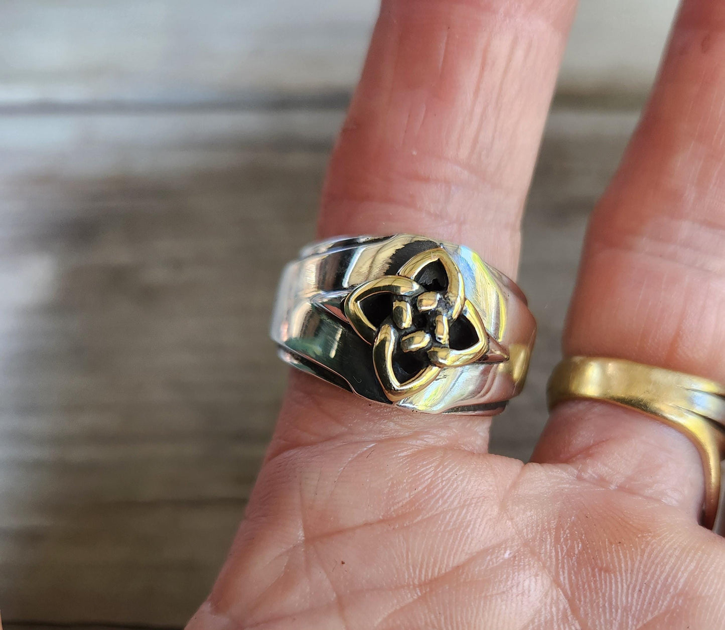 Gold and silver tribal band,9k gold and sterling silver ring,ornate mixed metal solid mans ring modern,mixed metal, two tone dress ring,celtic tribal wedding band