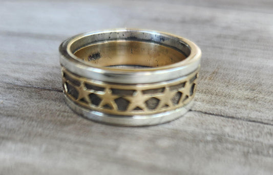 Gold star ring,two tone ring,9k gold and sterling silver,plain mixed metal band.