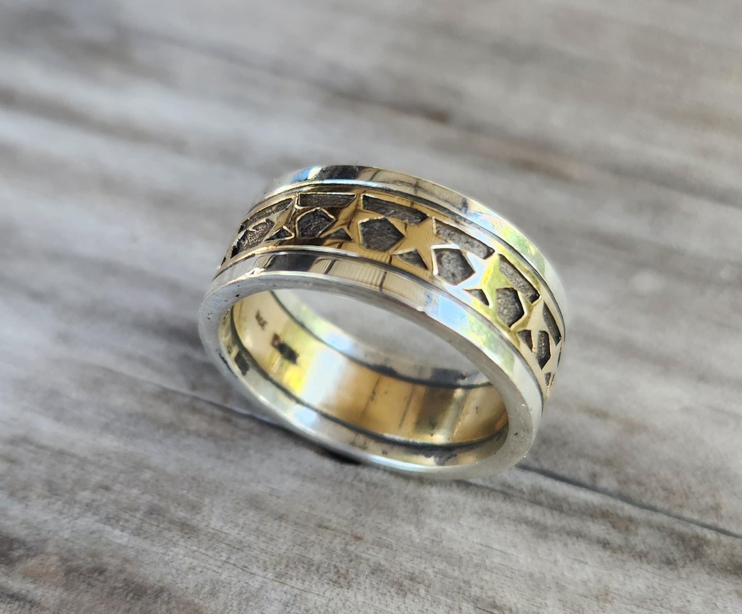 Gold star ring,two tone ring,9k gold and sterling silver,plain mixed metal band.