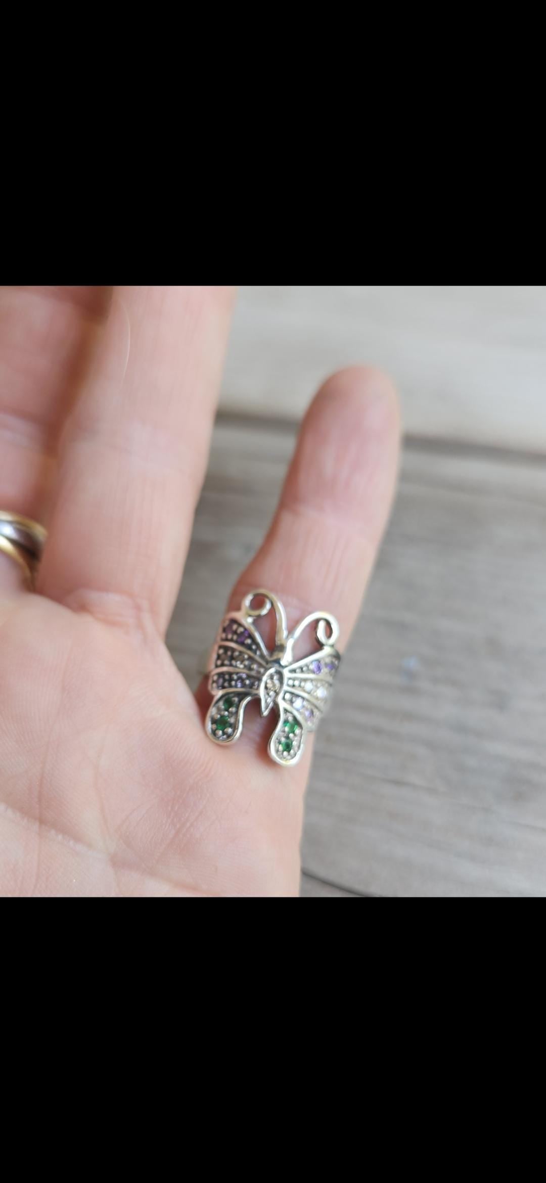 butterfly cz ring,sterling silver,ornate multi-coloured cz filegree,vintage,art nouveau,handmade,women's,rockabilly,shabby chic,goddess
