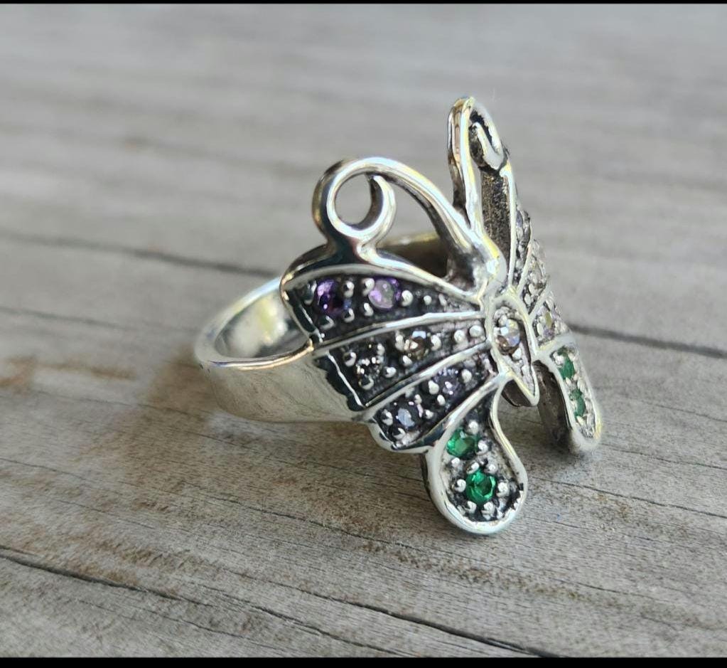 butterfly cz ring,sterling silver,ornate multi-coloured cz filegree,vintage,art nouveau,handmade,women's,rockabilly,shabby chic,goddess