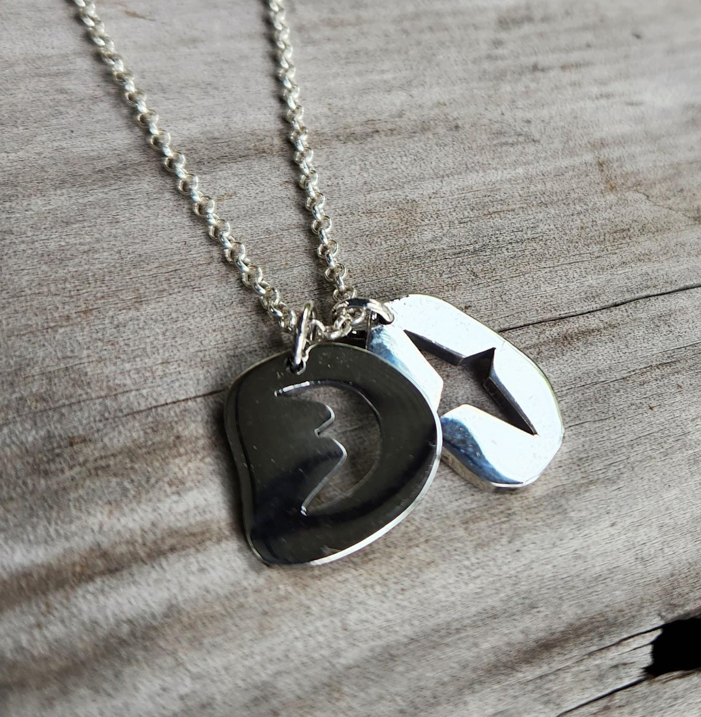 star pendant,sterling silver,moon,crescent jewelry,handmade tags,cut out moon and star,goddess