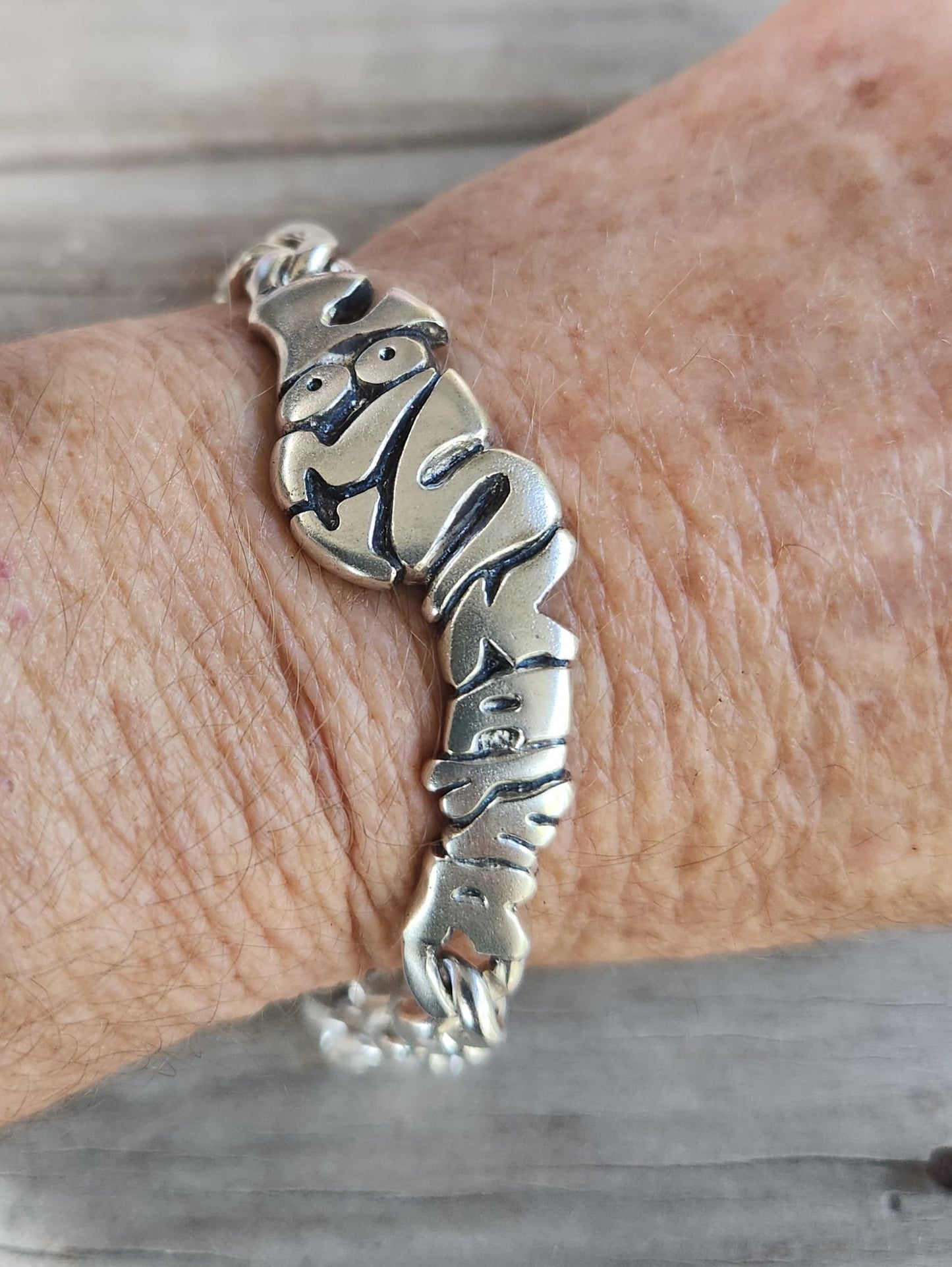 Skater bracelet,sterling silver,skateboard,looney skater bubble graffiti writing,skateboarder