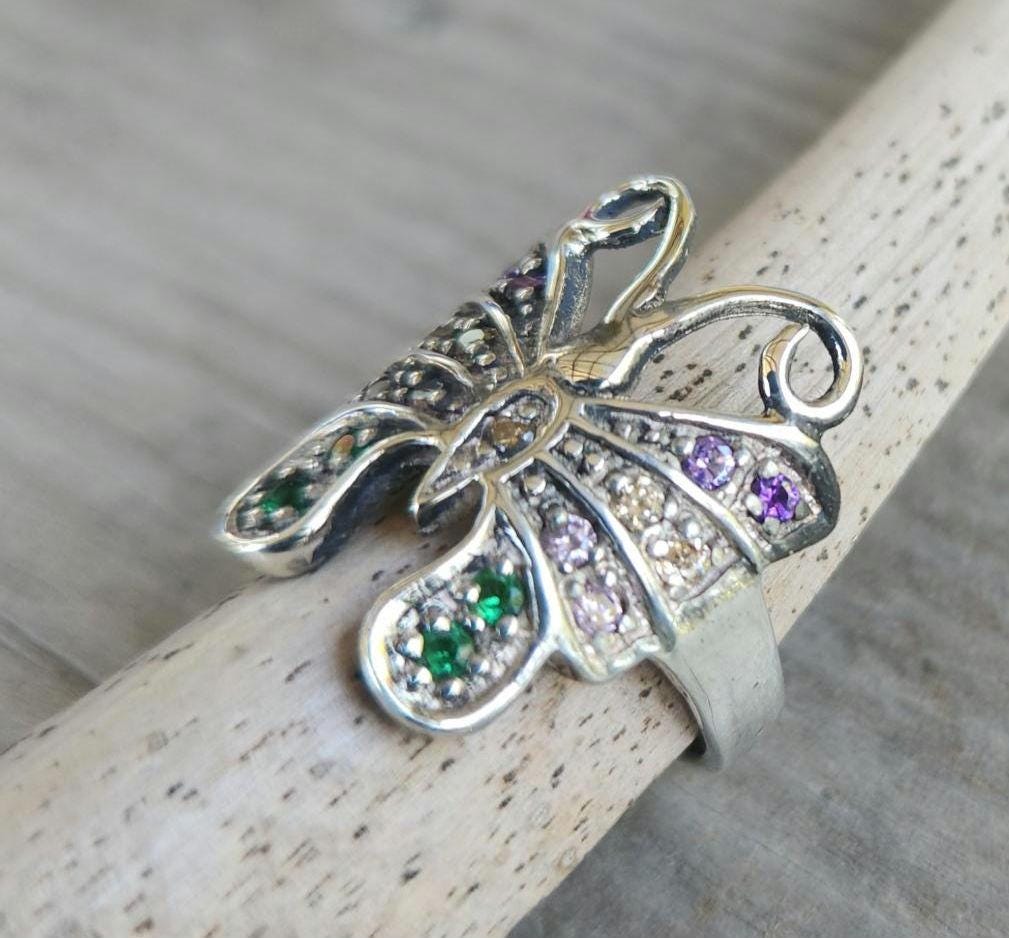butterfly cz ring,sterling silver,ornate multi-coloured cz filegree,vintage,art nouveau,handmade,women's,rockabilly,shabby chic,goddess