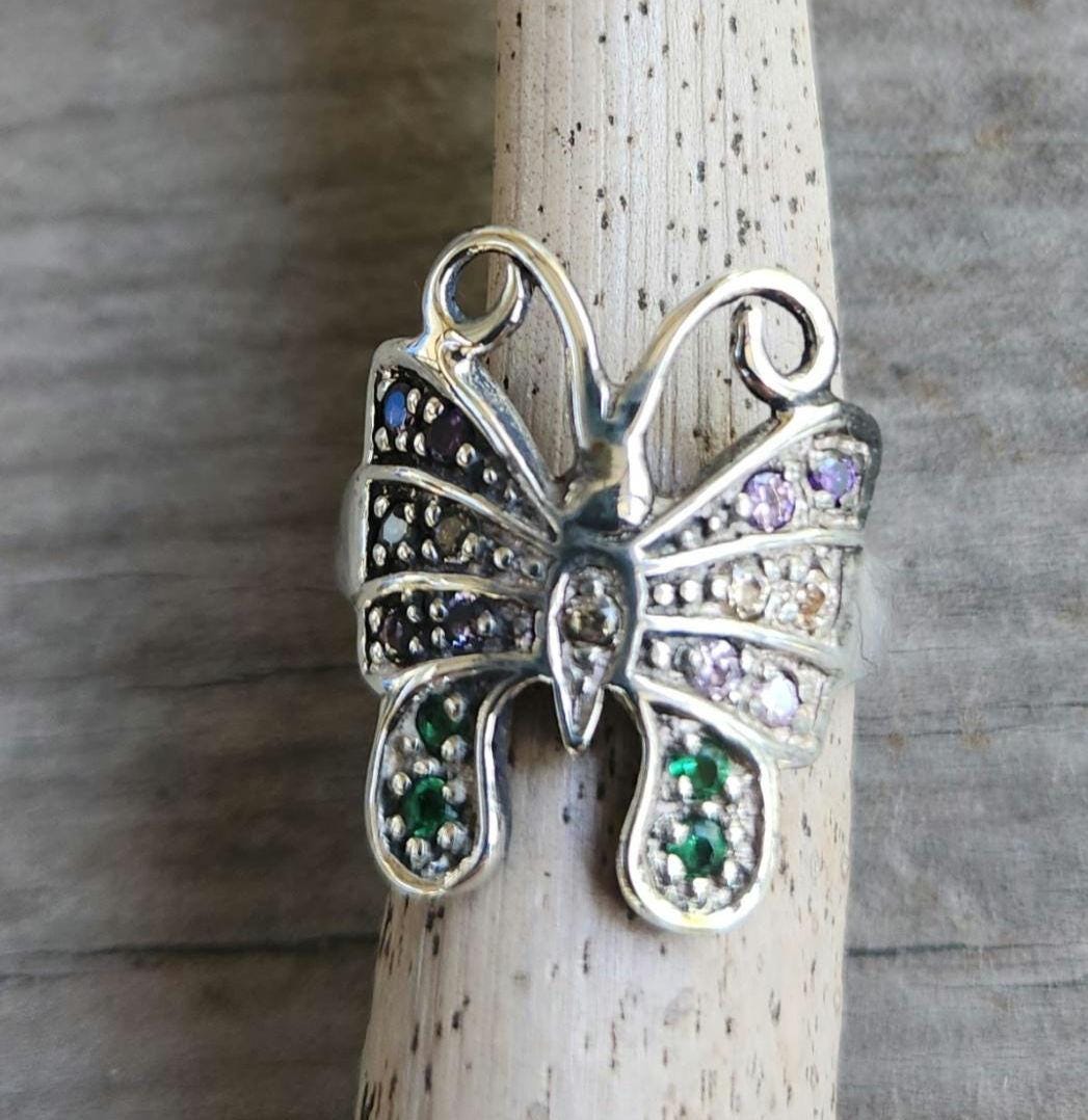 butterfly cz ring,sterling silver,ornate multi-coloured cz filegree,vintage,art nouveau,handmade,women's,rockabilly,shabby chic,goddess