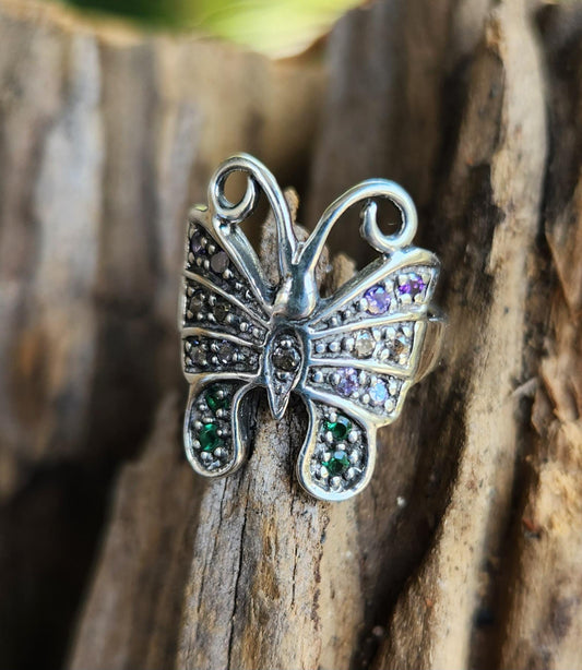butterfly cz ring,sterling silver,ornate multi-coloured cz filegree,vintage,art nouveau,handmade,women's,rockabilly,shabby chic,goddess