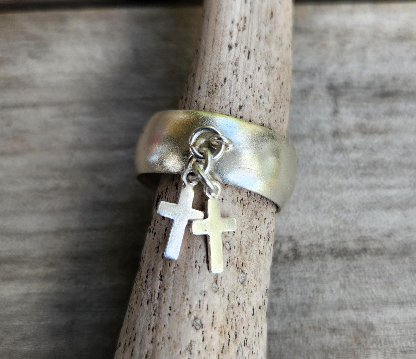 Silver cross ring,solid sterling silver,dangly crosses on a band,unisex wedding band, Christian,god,gothic punk grunge emo jewellery