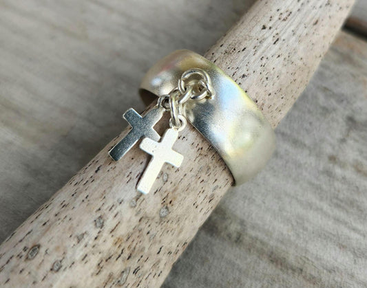Silver cross ring,solid sterling silver,dangly crosses on a band,unisex wedding band, Christian,god,gothic punk grunge emo jewellery