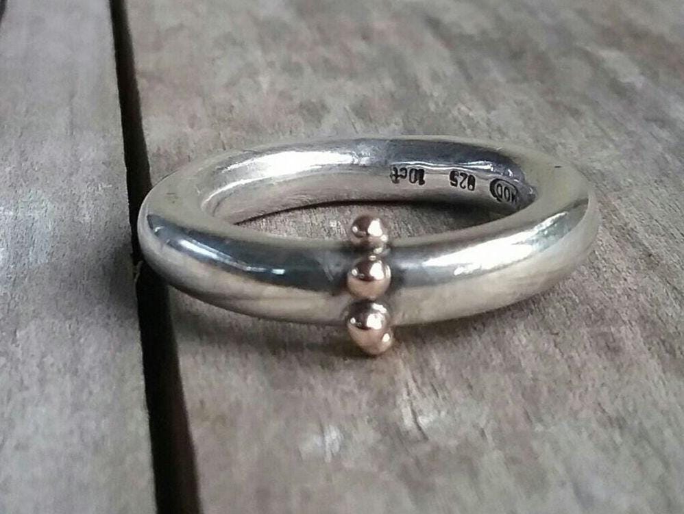 Gold and silver halo ring,10k balls,sterling silver band,two tone ring.4mm round,unisex ring, wedding ring,chunky band,mixed metal ring