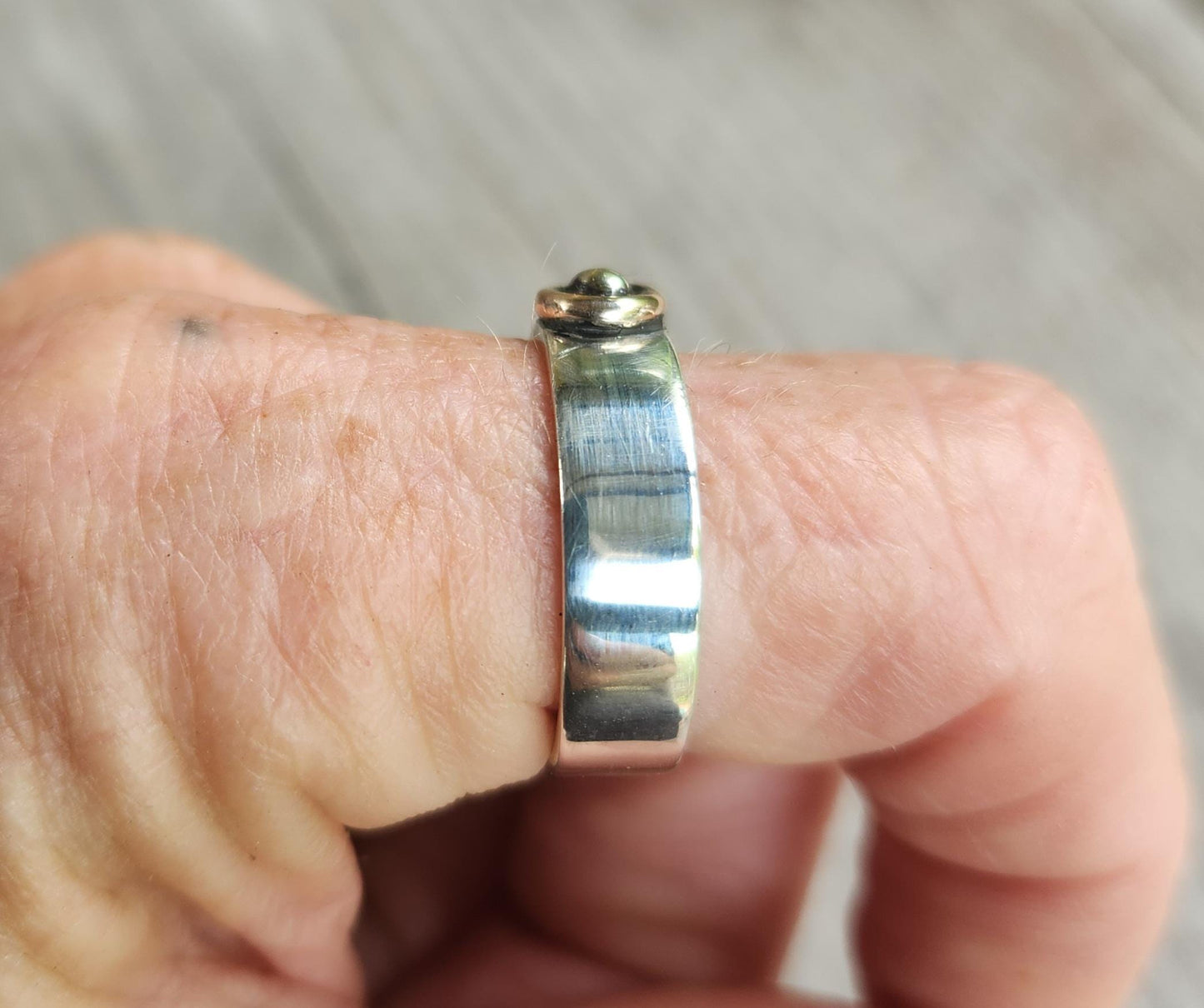 Gold and silver two tone ring,flat sterling silver band,9ct centre ball,handmade wedding ring,mixed metal