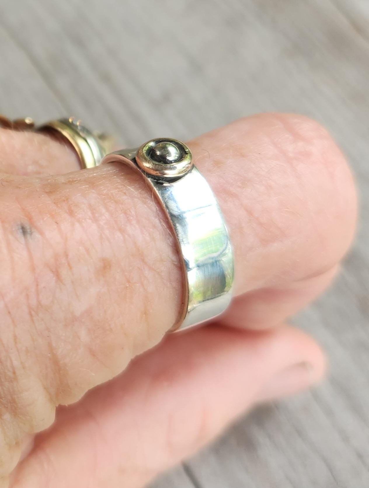 Gold and silver two tone ring,flat sterling silver band,9ct centre ball,handmade wedding ring,mixed metal