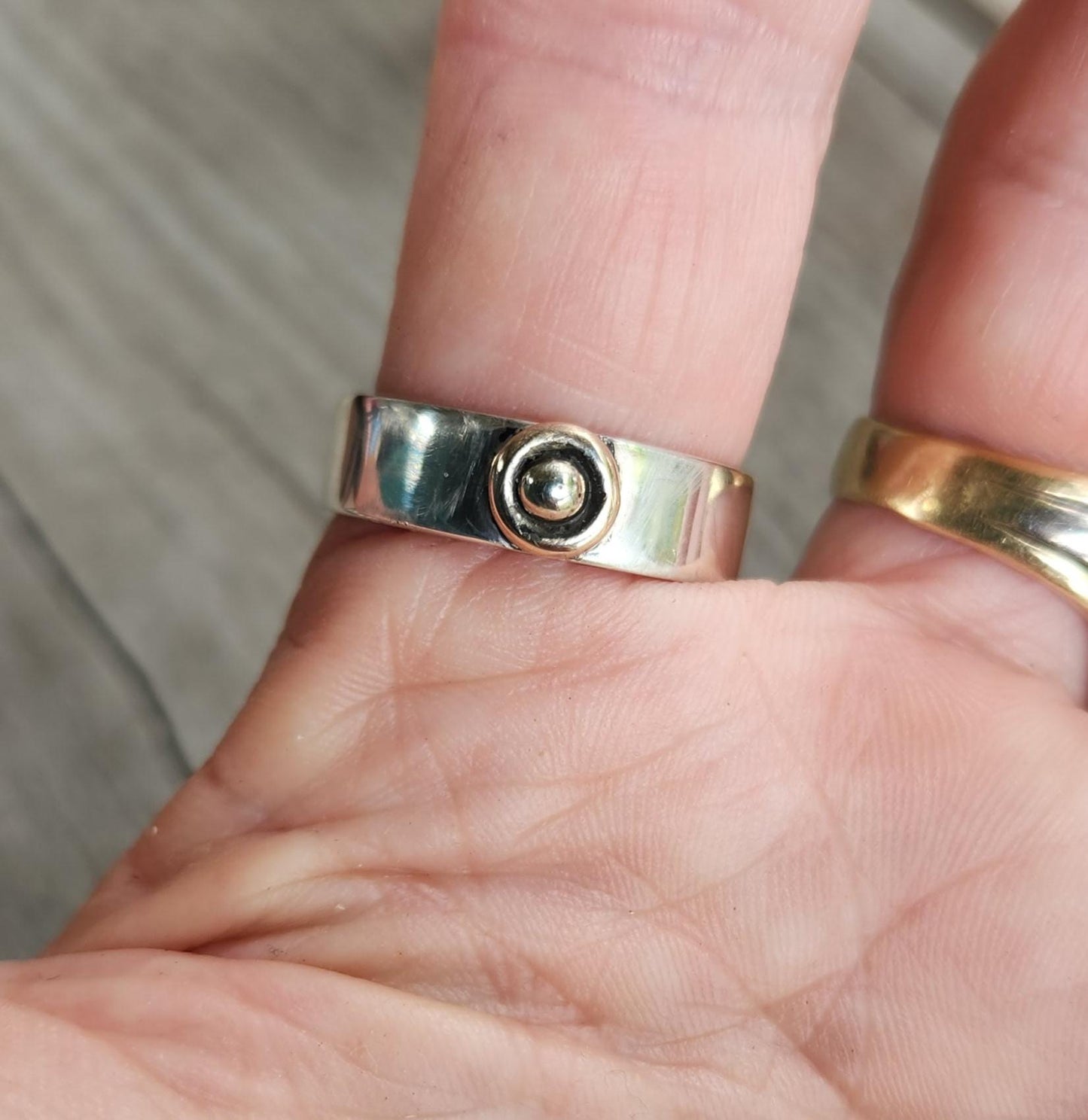 Gold and silver two tone ring,flat sterling silver band,9ct centre ball,handmade wedding ring,mixed metal