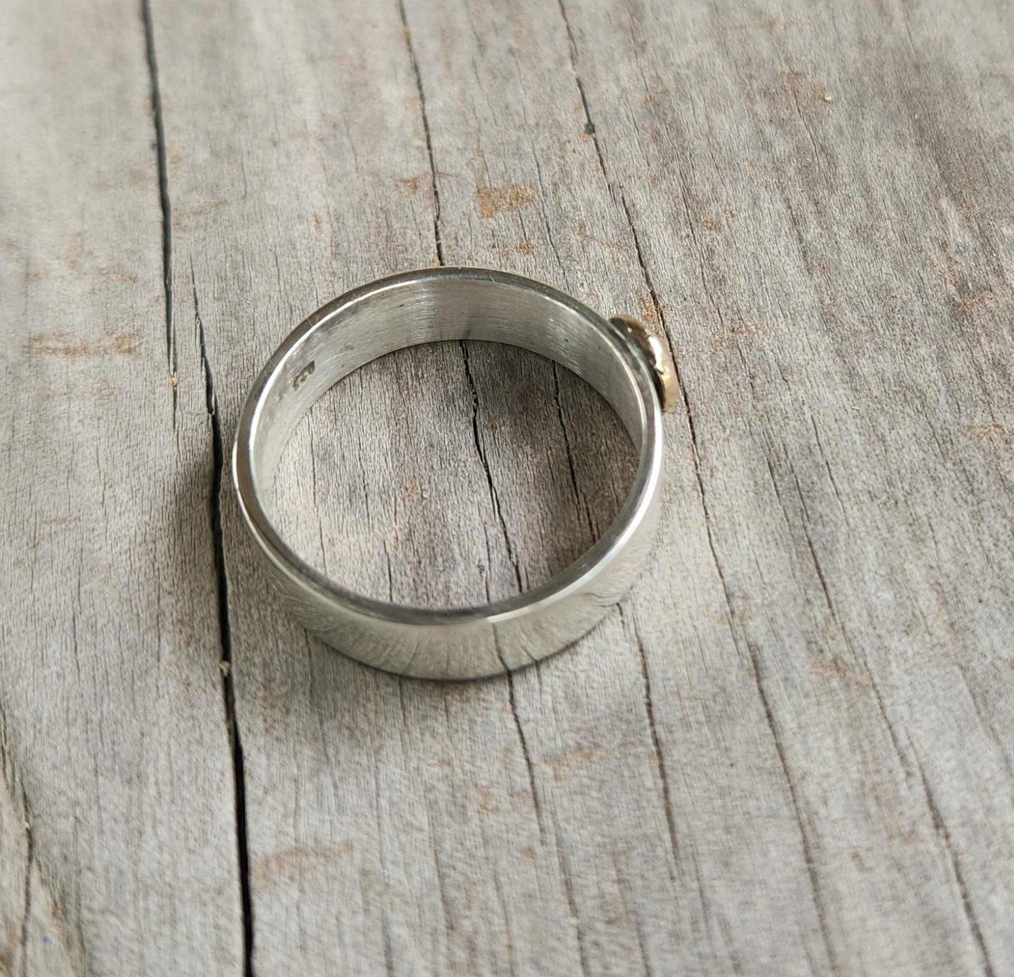 Gold and silver two tone ring,flat sterling silver band,9ct centre ball,handmade wedding ring,mixed metal