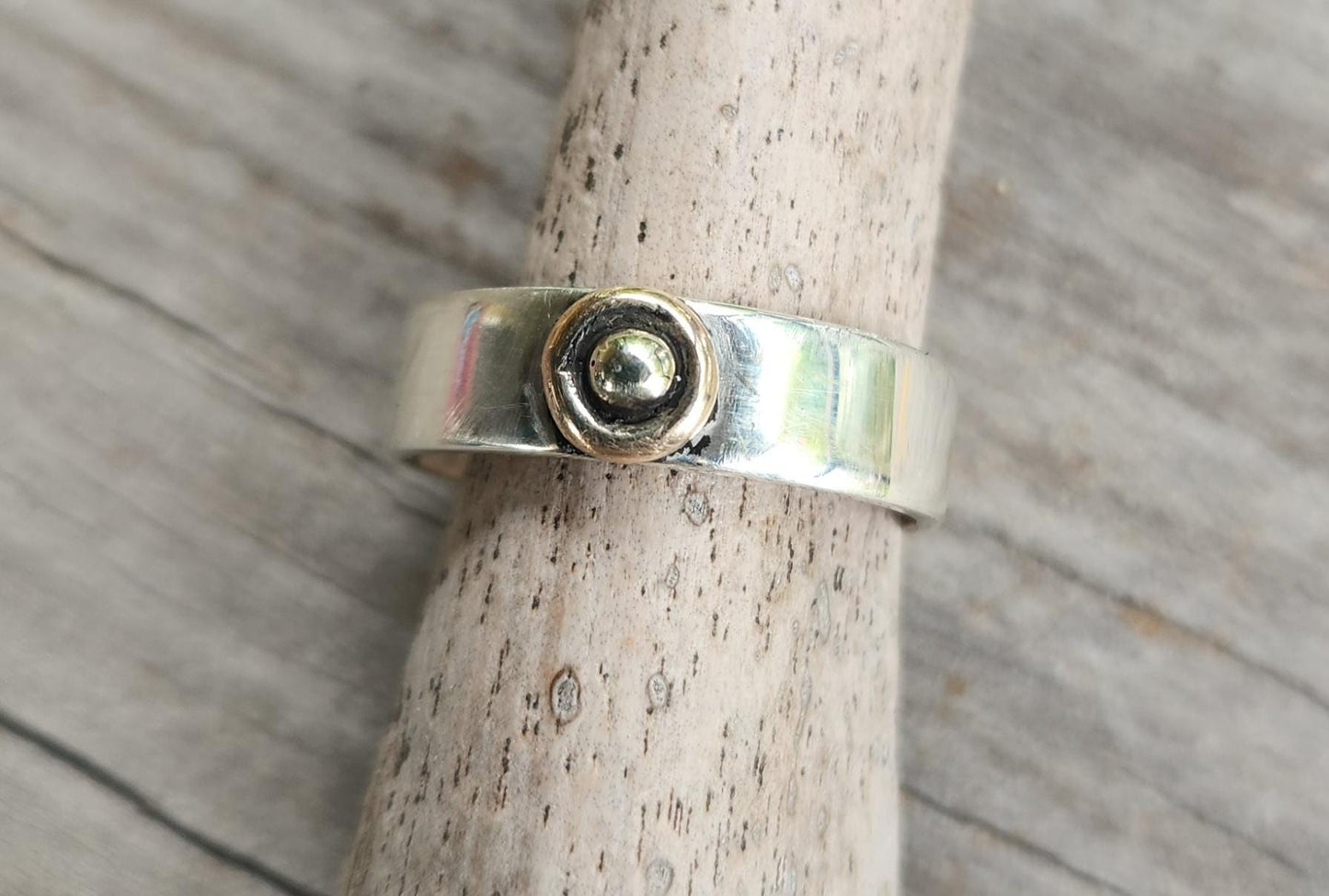 Gold and silver two tone ring,flat sterling silver band,9ct centre ball,handmade wedding ring,mixed metal