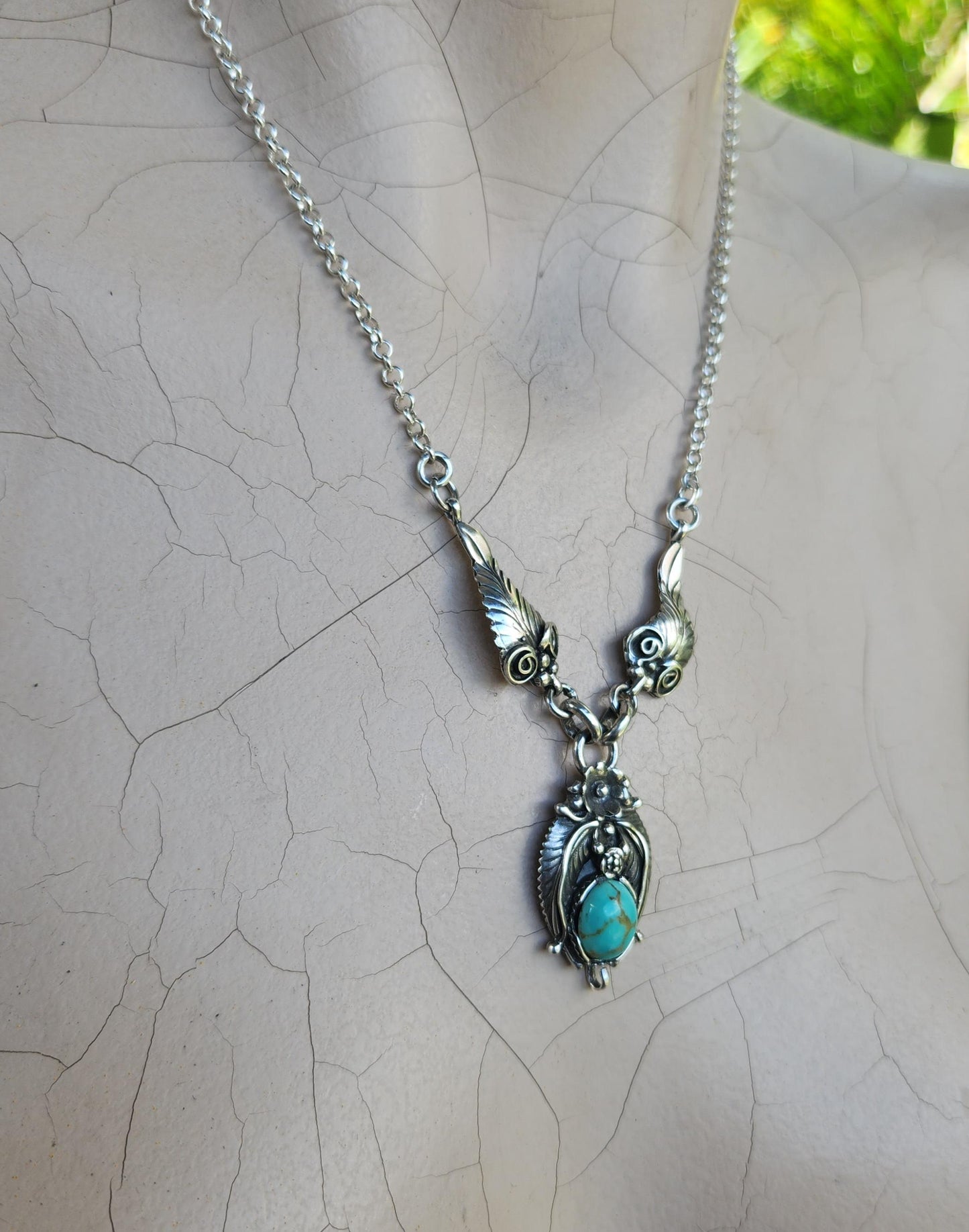 Large Turquoise necklace,925 sterling silver, Navajo Indian inspired,tribal,boho shic,handmade,stone pendant,goddess,gypsy,ethic,hippy