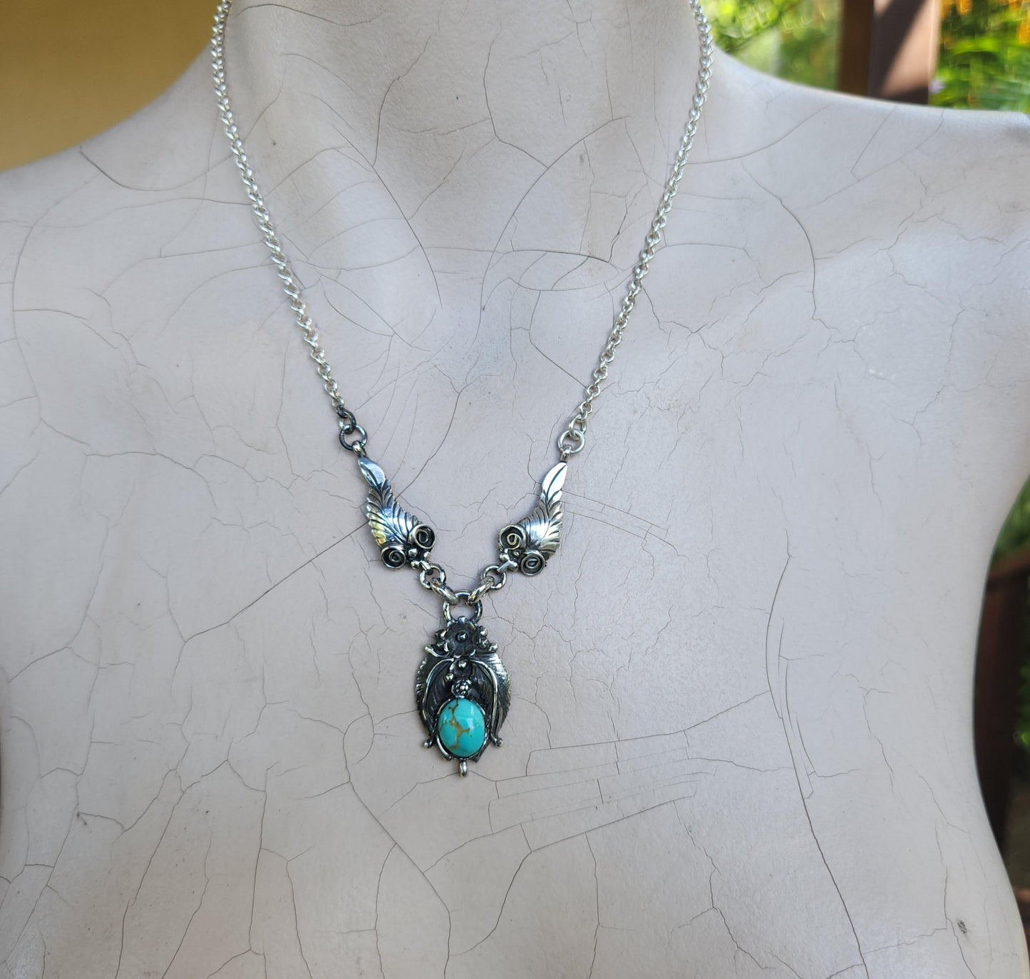 Large Turquoise necklace,925 sterling silver, Navajo Indian inspired,tribal,boho shic,handmade,stone pendant,goddess,gypsy,ethic,hippy