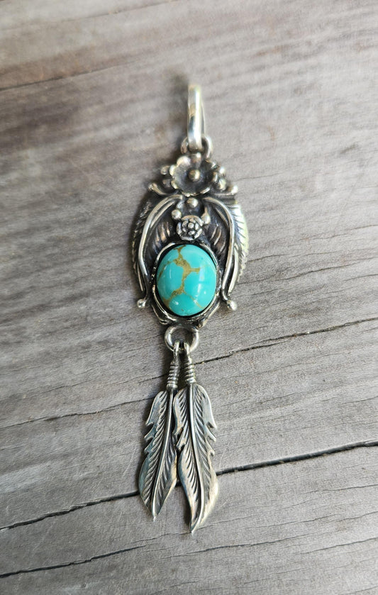 Turquoise pendant,sterling silver,Navajo Indian style,flower,leaf,boho,gypsy,tribal,handmade,gemstone necklace