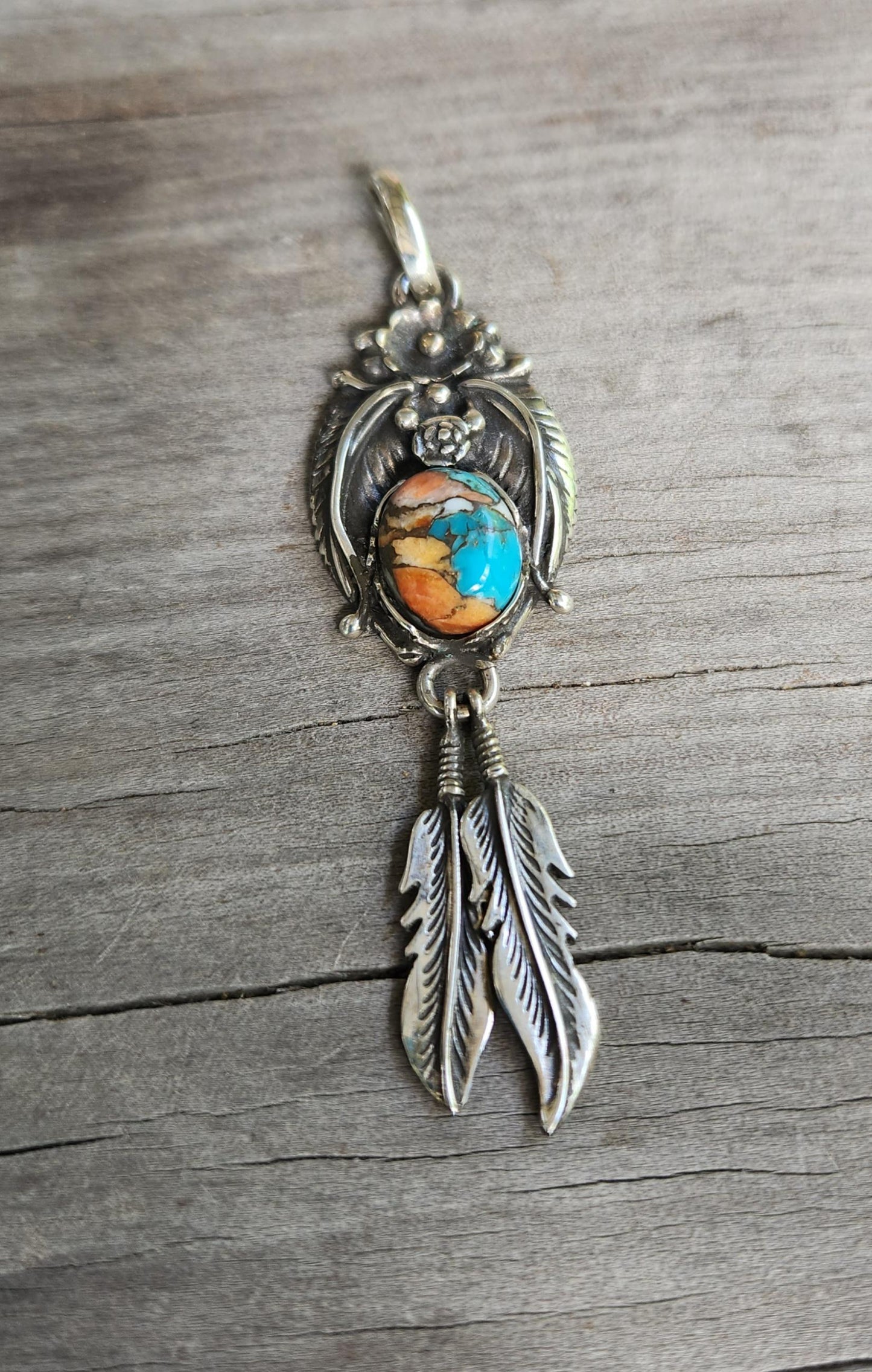 Turquoise feather pendant,sterling silver,Navajo Indian style,flower,leaf,boho,gypsy,tribal,handmade,gemstone necklace