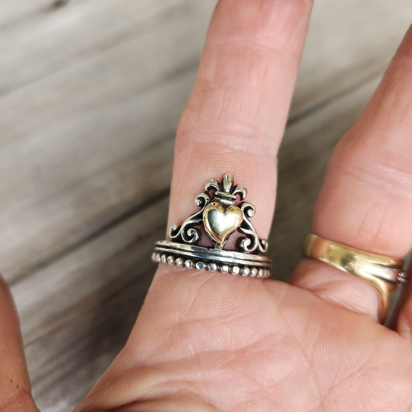 Gold heart ring,9k heart 925 sterling silver band,vintage scroll,fluer d lil crown,two tone,art nouveau,long ring, victorian,boho,handmade,