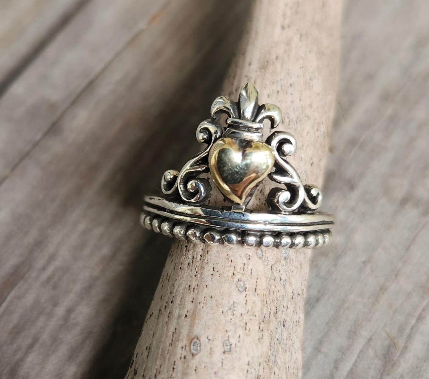 Gold heart ring,9k heart 925 sterling silver band,vintage scroll,fluer d lil crown,two tone,art nouveau,long ring, victorian,boho,handmade,
