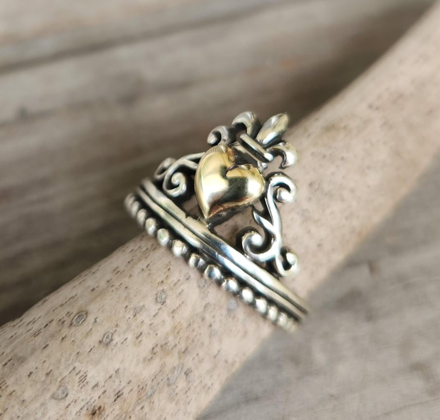 Gold heart ring,9k heart 925 sterling silver band,vintage scroll,fluer d lil crown,two tone,art nouveau,long ring, victorian,boho,handmade,