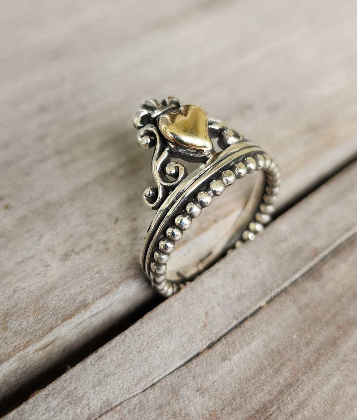 Gold heart ring,9k heart 925 sterling silver band,vintage scroll,fluer d lil crown,two tone,art nouveau,long ring, victorian,boho,handmade,
