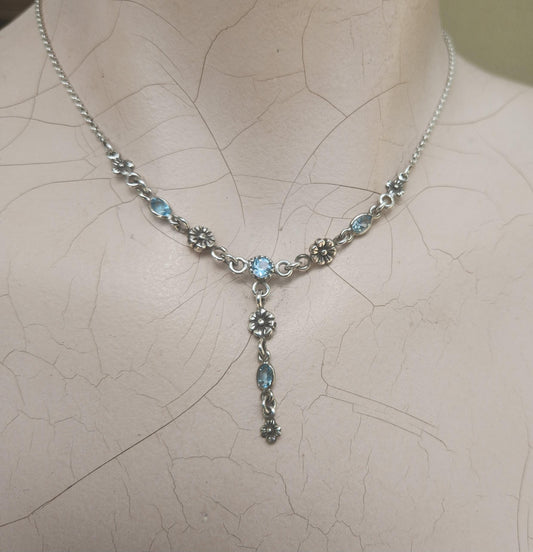 Blue topaz necklace, 925 sterling silver choker,flowers and gemstones on a silver chain,rockabilly boho
