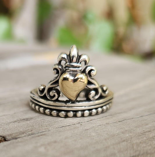 Gold heart ring,9k heart 925 sterling silver band,vintage scroll,fluer d lil crown,two tone,art nouveau,long ring, victorian,boho,handmade,