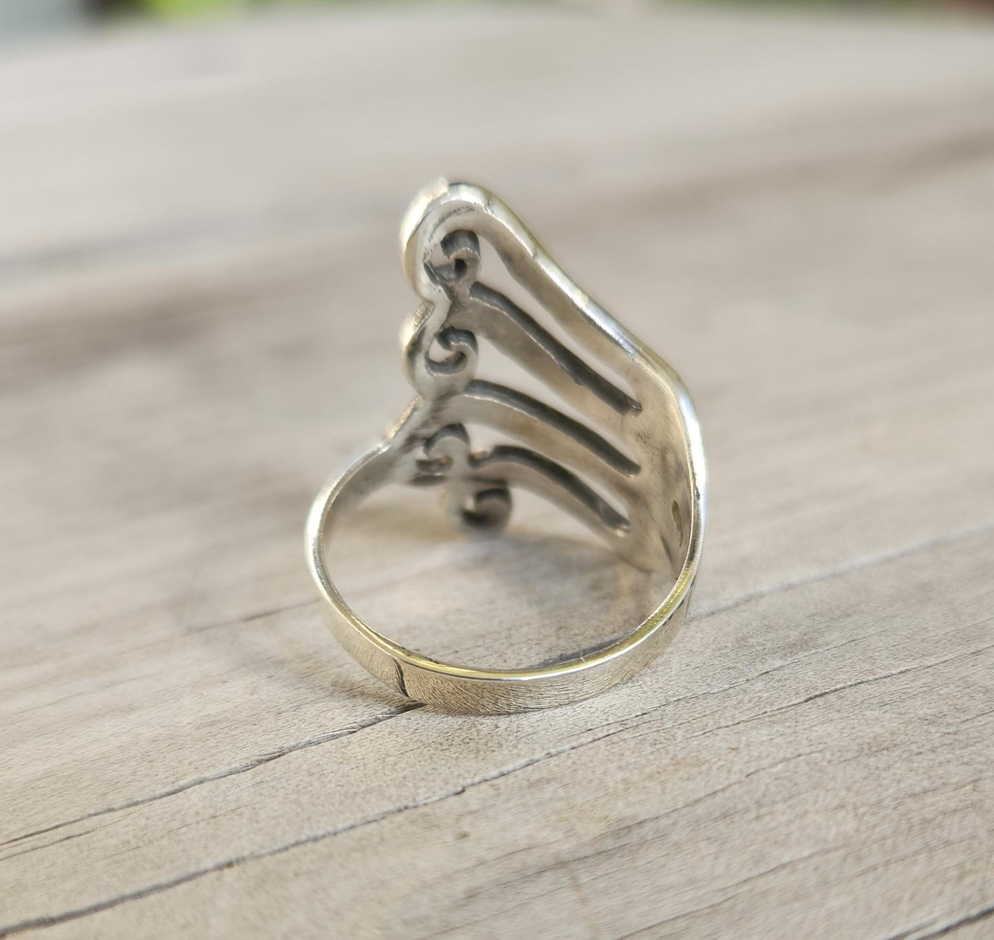 Long silver swirl ring,925 sterling,tribal,fork style,curls,maori,koru ,celtic,handmade,silver band,scrolls,Aztec,Inca,