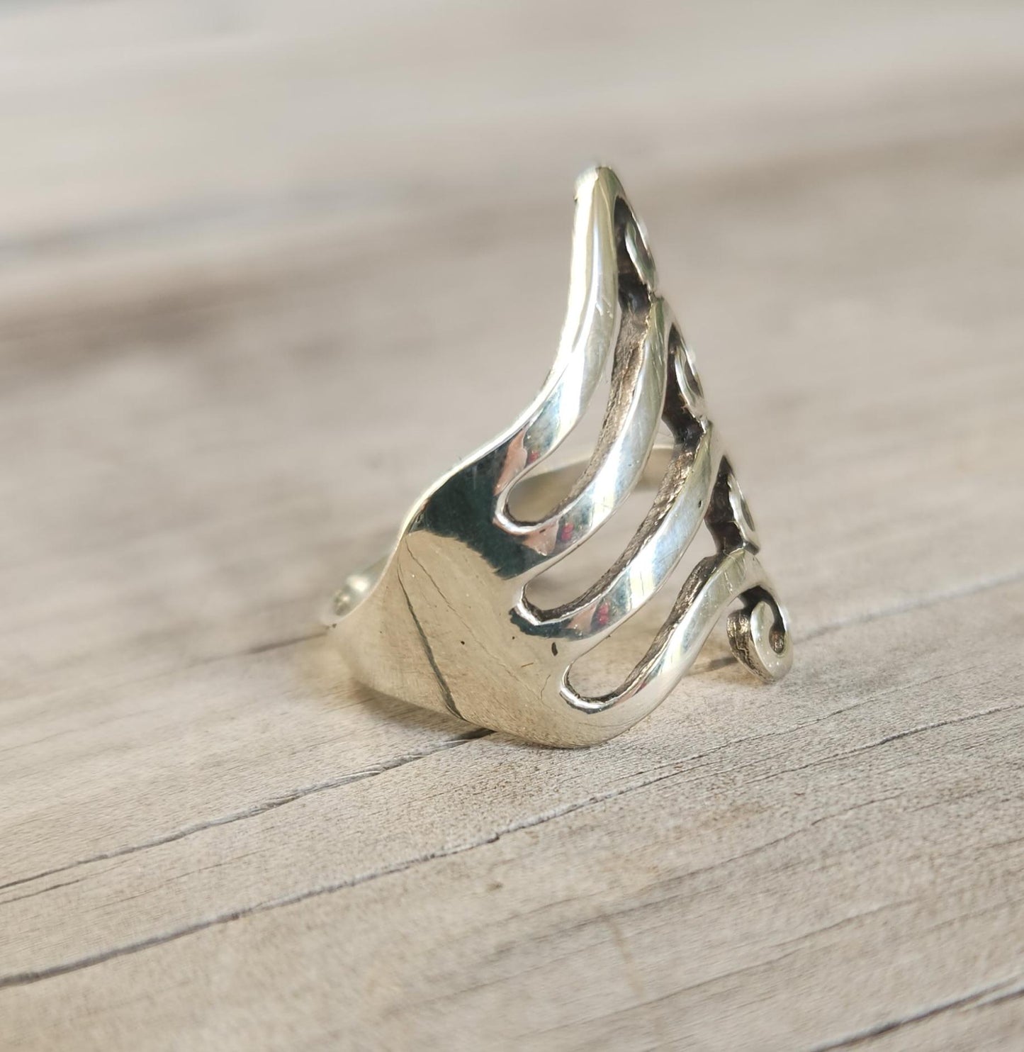 Long silver swirl ring,925 sterling,tribal,fork style,curls,maori,koru ,celtic,handmade,silver band,scrolls,Aztec,Inca,